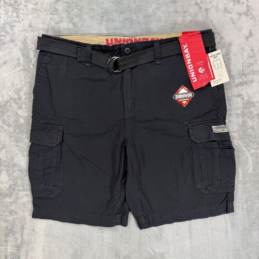 New Unionbay Survivor Vintage Cargo Shorts Men's 40 Black Belted Shorts
